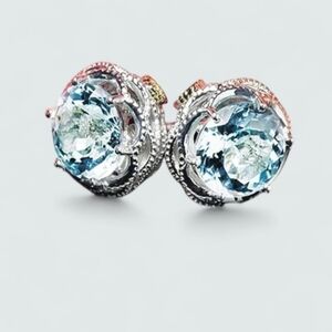 Blue Crystal Halo Stud Earrings in Sterling Silver